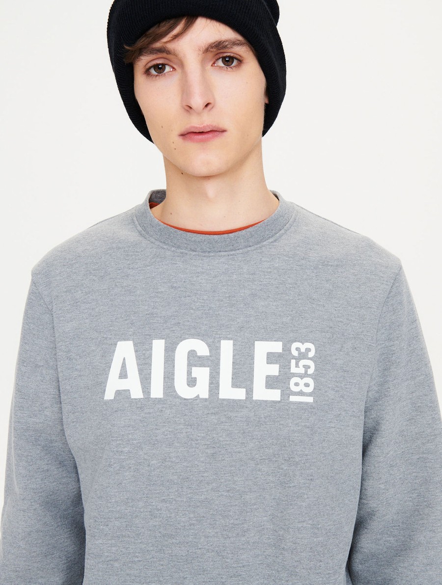 Aigle Brushed Printed Crew Neck Sweatshirt Heren Grijs | DB087