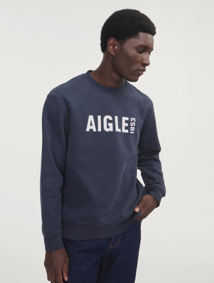 Aigle Brushed Printed Crew Neck Sweatshirt Heren Donkerblauw | KU765