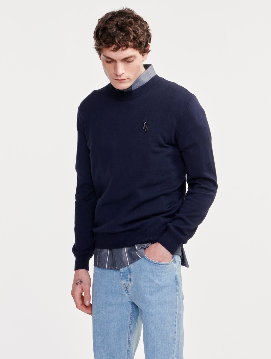 Aigle Fine Gauge Crew Neck Jumpers Heren Donkerblauw | IG225