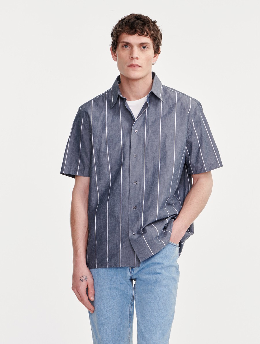 Aigle Katoenen/Linen Gestreept Kort Sleeve Overhemd Heren Donkerblauw | TG045
