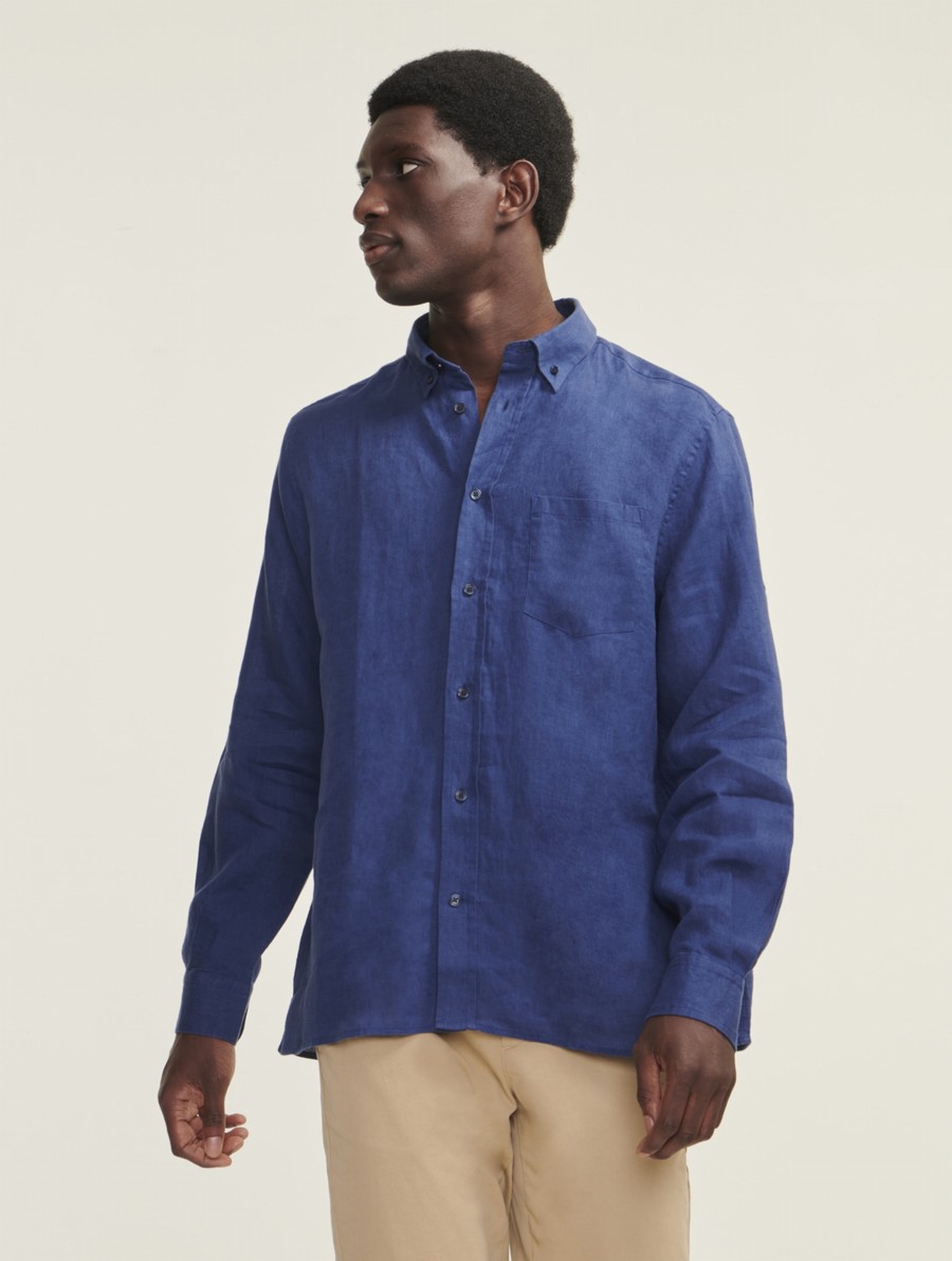 Aigle Linen Long Sleeve Overhemd Heren Donkerblauw | CQ305