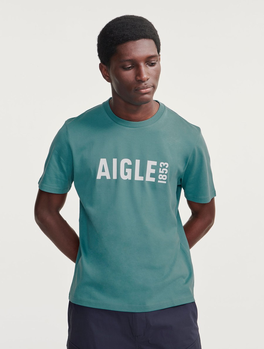 Aigle Printed Crew Neck Pyratex T-shirts Heren Turquoise | RO042