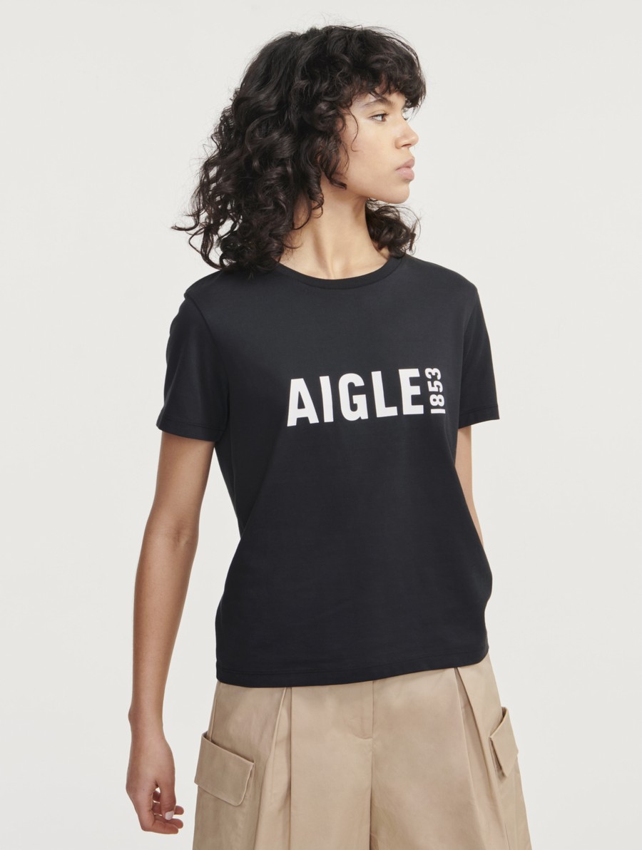 Aigle Printed Pyratex Kort-sleeved T-shirts Dames Zwart | LC062