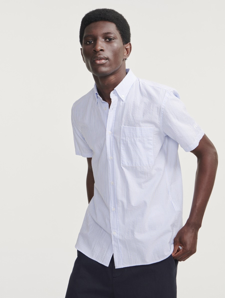 Aigle Seersucker Gestreept Kort Sleeve Overhemd Heren Lichtblauw | AB552