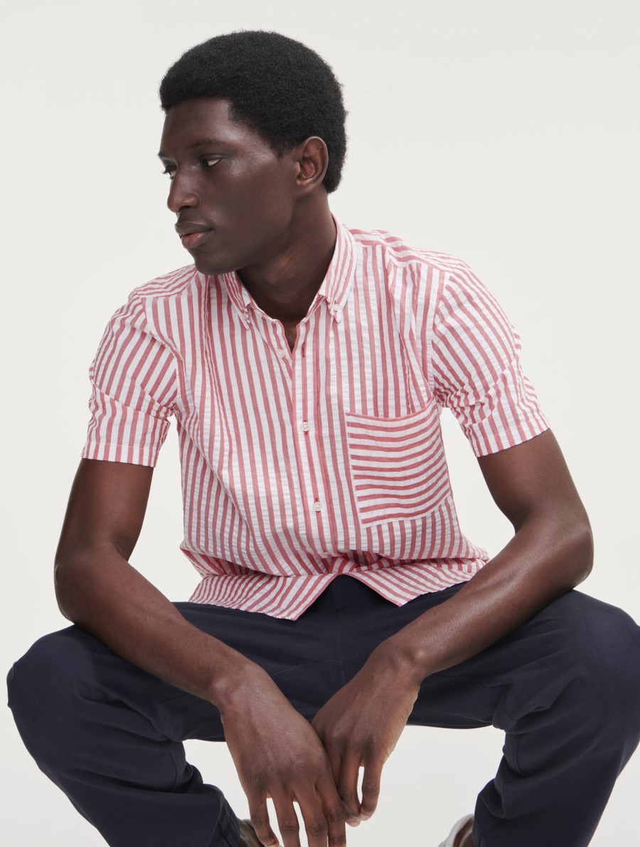 Aigle Seersucker Gestreept Kort Sleeve Overhemd Heren Rood | EX616